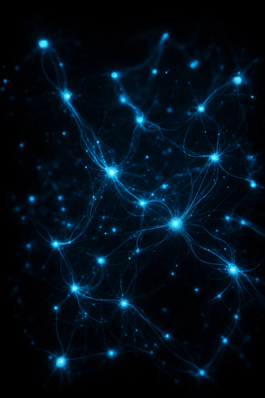 A field of glowing cyan nodes connected by faint filaments in dark water