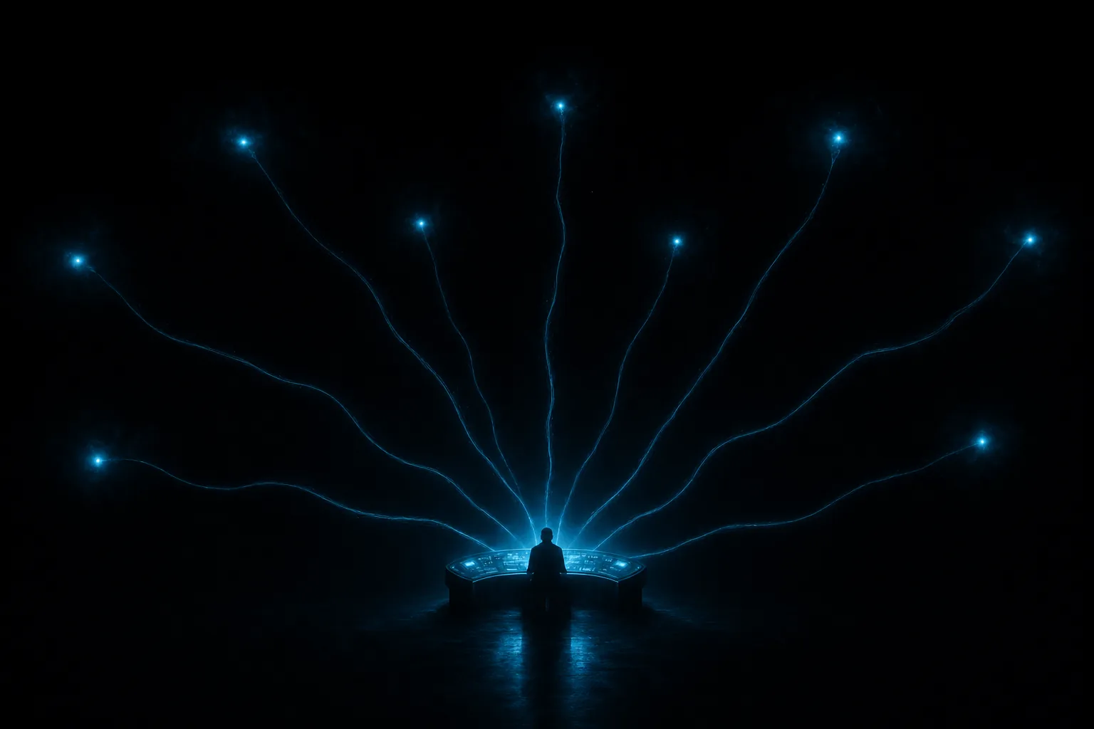 A lone figure at a glowing console with nine light filaments radiating into darkness