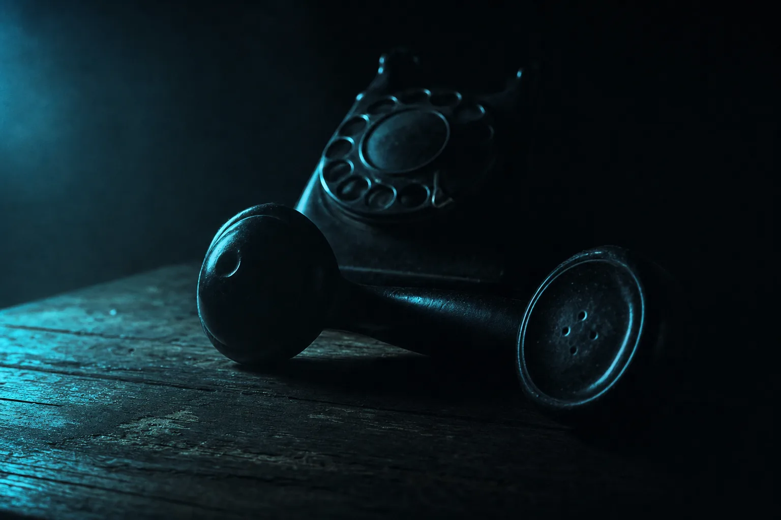 An antique rotary telephone lit by a cold blue glow on a dark wooden desk
