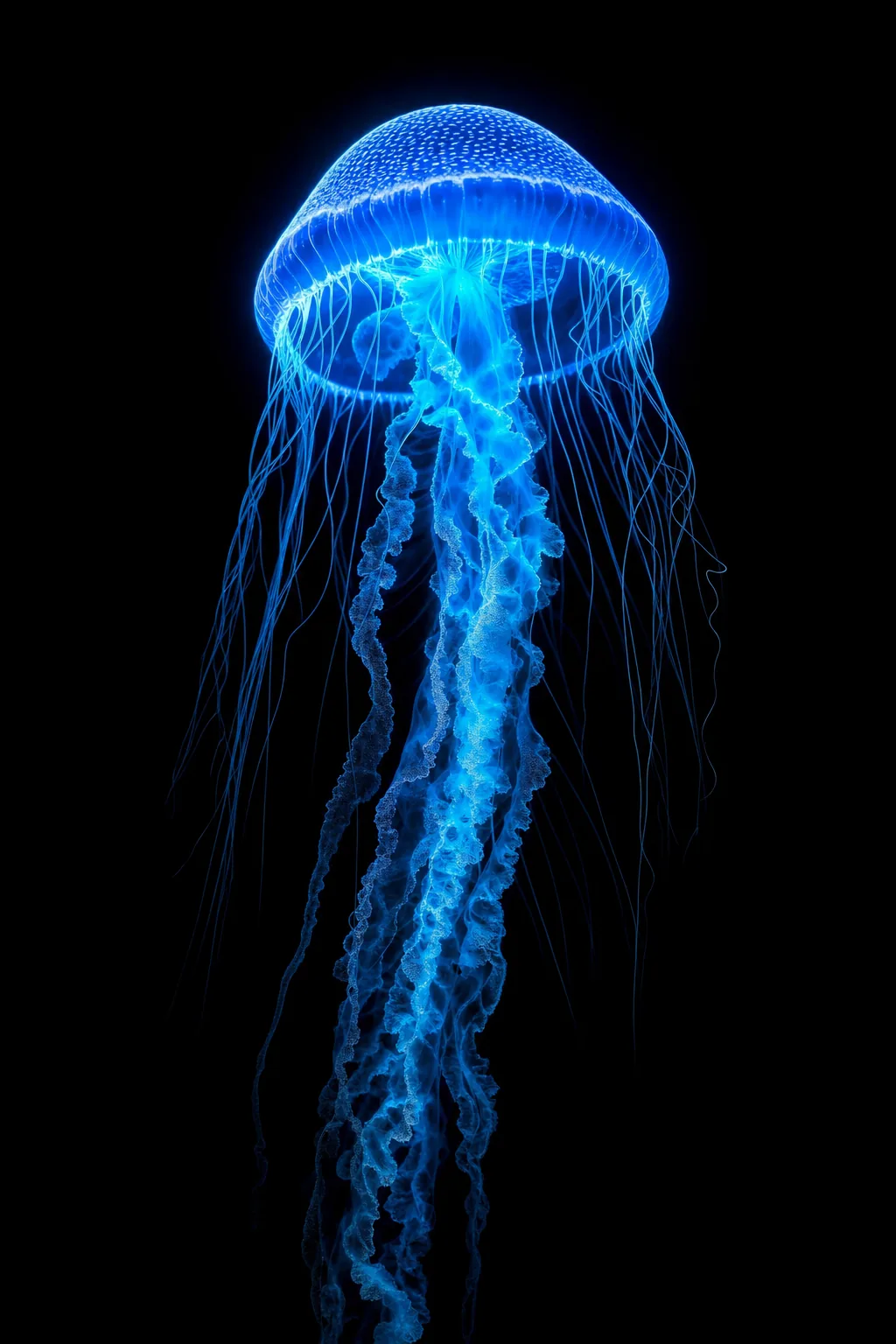 A bioluminescent blue stinger jellyfish rising through dark water